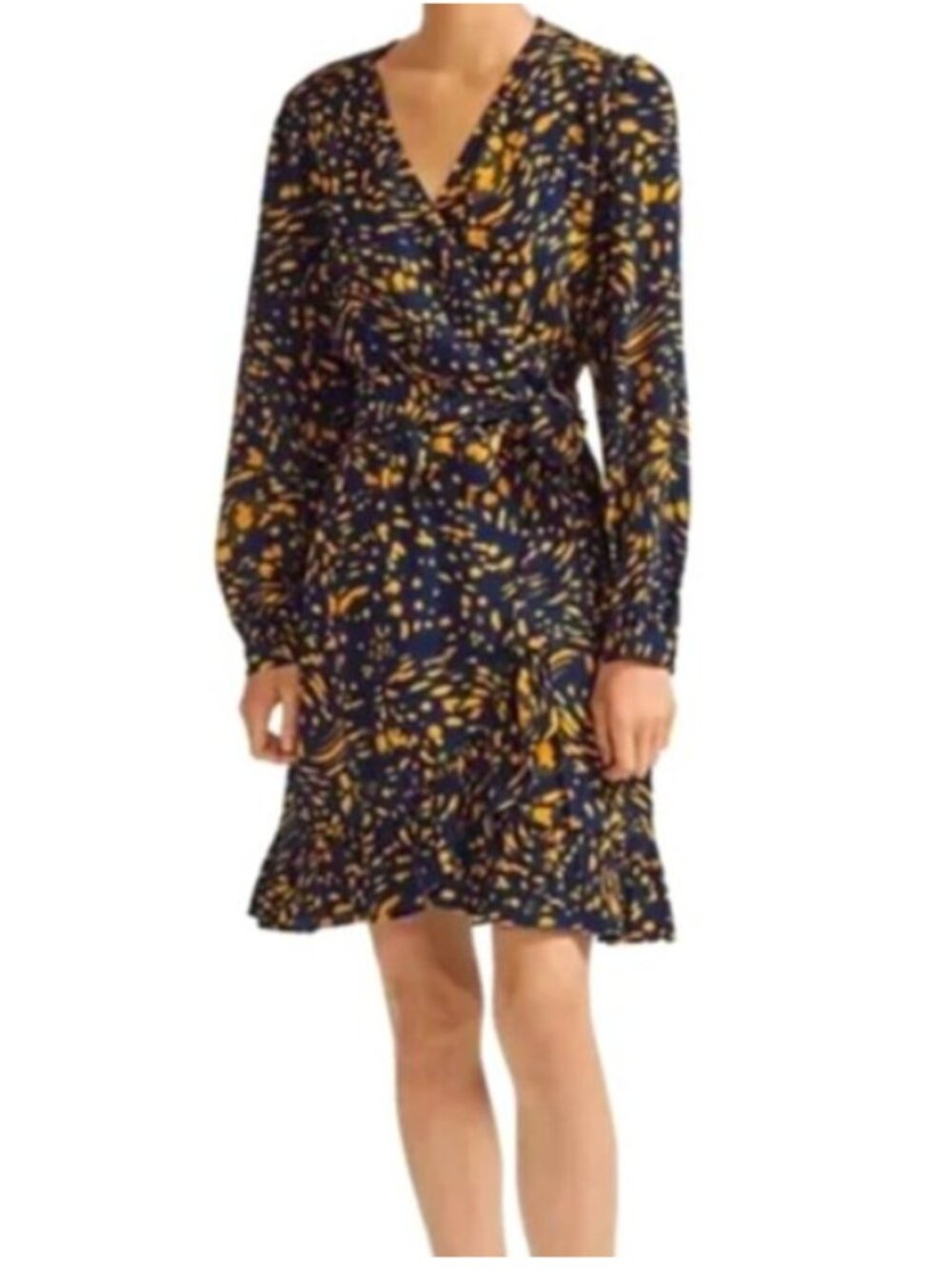 Maje Rosetta Wrap Dress Size 1 Navy Yellow Swirling Dot Ruffle Mini‎ Viscose